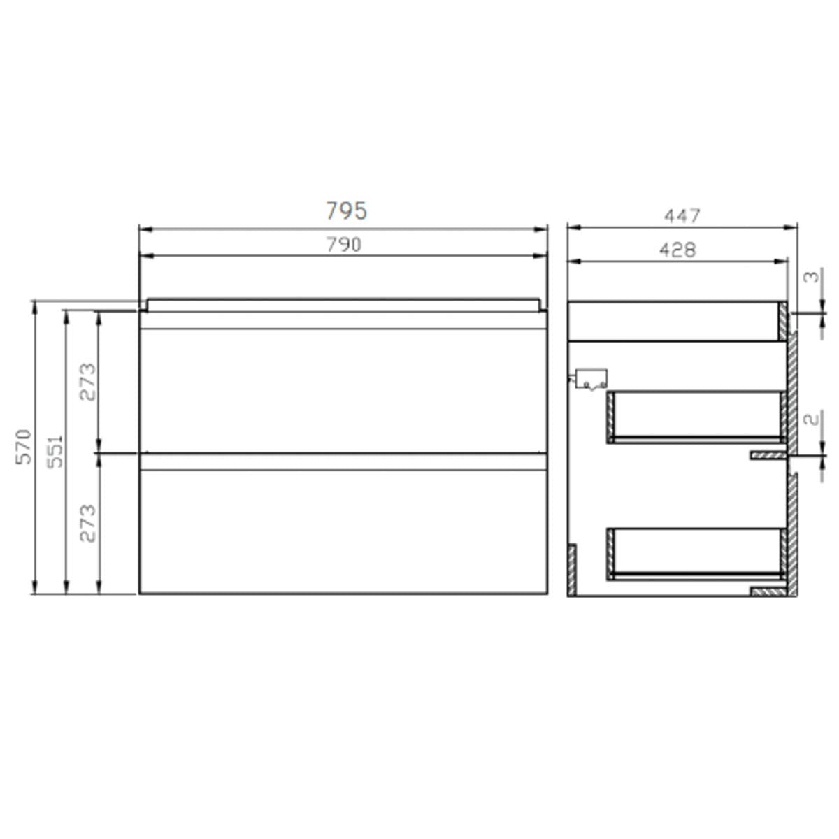 VBChome Badmöbel 80 cm Weiß Hängeschrank Wandschrank Waschbecken mit Unterschrank Keramik Waschtisch 2-Schubladen gefräste Griffe Moduo Modern Elegant