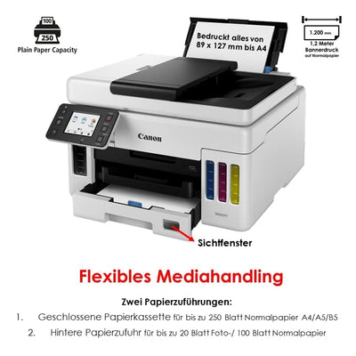 Canon MAXIFY GX6050 MegaTank Multifunktionsdrucker 3in1 (Tintenstrahl, Kopieren, Scannen, 50 Blatt ADF, A4, WLAN, LAN, 6,9 cm LCD Touch, Duplex-Druck, niedrige Druckkosten, 350 Blatt) weiß