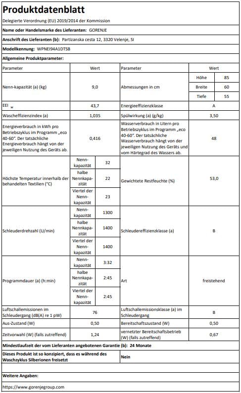 Gorenje WPNEI94A1DTSB Waschmaschine mit Dampffunktion/ConnectLife / 9Kg / 1400 U/min / 15 Programme/Totaler AquaStop/Wave Active Trommel/ExtraHygiene/PowerWash/Schnell Waschgang/EEK: A-10%