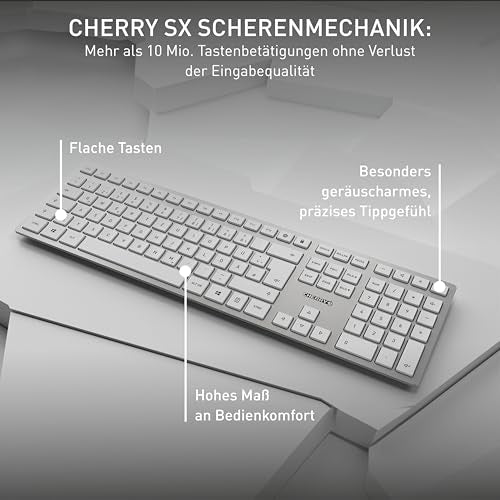 CHERRY DW 9100 SLIM, Kabelloses Tastatur- und Maus-Set, Deutsches Layout (QWERTZ), Bluetooth & 2,4 GHz Funk, Leise Tasten, Wiederaufladbar, Weiß-Silber