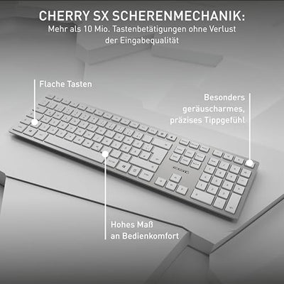 CHERRY DW 9100 SLIM, Kabelloses Tastatur- und Maus-Set, Deutsches Layout (QWERTZ), Bluetooth & 2,4 GHz Funk, Leise Tasten, Wiederaufladbar, Weiß-Silber