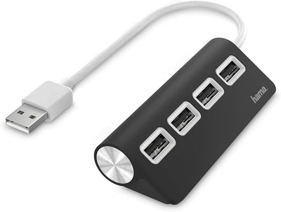 Hama USB Hub 4 Ports (High-Speed Datenübertragung, 4x USB-A für Maus, USB-Stick, USB-Dongle, externe HDD, SSD, usw. Multiport Adapter, USB Adapter 4in1 für Büro, Homeoffice und unterwegs) schwarz