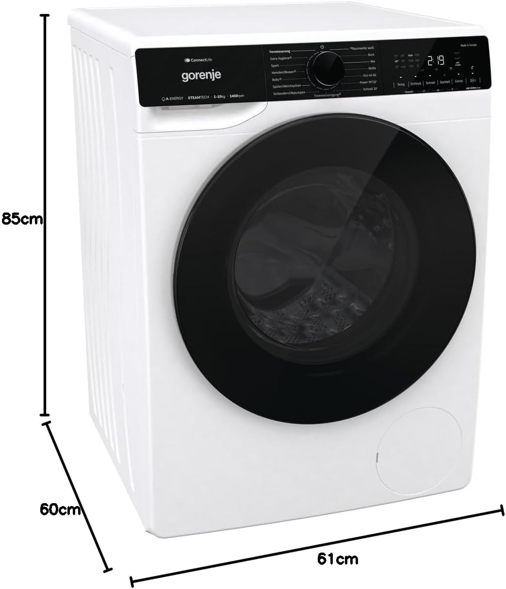 Gorenje WPNA 14 ATSWIFI3 Waschmaschine, 10kg, WiFi, EEK A, Made in Europe, Inverter PowerDrive Motor, 1400 U/min, 15 Programme, AquaStop, SteamTech, Schnellprogramm, weiß