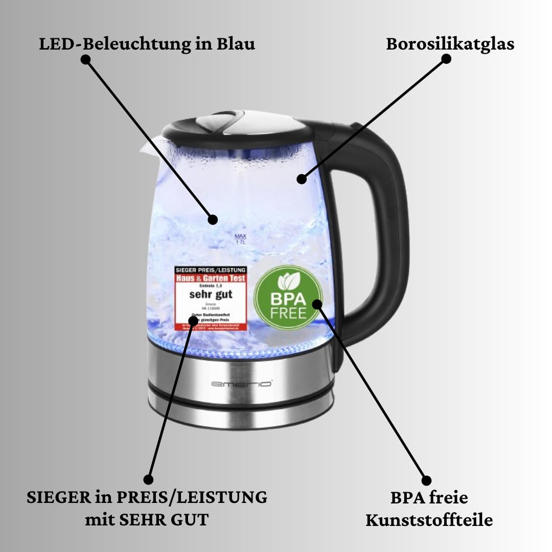 EMERIO Glas Wasserkocher mit 1.7 Liter Volumen | 2200 Watt | blaue LED Innenbeleuchtung | 360° Basis | SIEGER Preis/Leistung Haus & Garten Test | bestes Borosilikatglas | BPA frei | WK-119988.7