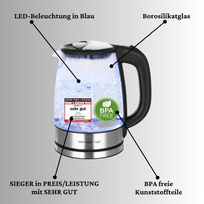 EMERIO Glas Wasserkocher mit 1.7 Liter Volumen | 2200 Watt | blaue LED Innenbeleuchtung | 360° Basis | SIEGER Preis/Leistung Haus & Garten Test | bestes Borosilikatglas | BPA frei | WK-119988.7