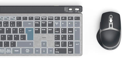 Hama Tastatur-Maus-Set kabellos WKM-750 (Multi-Device 1x Funk, 2X Bluetooth für PC, Laptop, Tablet, leise Tastatur LED, verstellbare Tippwinkel, FN-Lock, QWERTZ DE, ergonomische leise Maus) schwarz