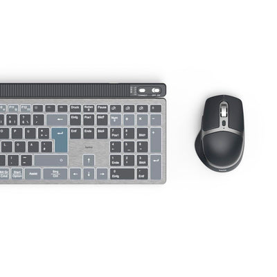 Hama Tastatur-Maus-Set kabellos WKM-750 (Multi-Device 1x Funk, 2X Bluetooth für PC, Laptop, Tablet, leise Tastatur LED, verstellbare Tippwinkel, FN-Lock, QWERTZ DE, ergonomische leise Maus) schwarz