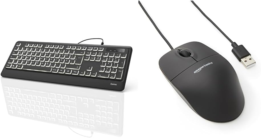 Hama USB Tastatur beleuchtet mit Kabel KC-550 & Amazon Basics - Optische Maus mit 3 Tasten und USB-Anschluss für Windows und Mac OS X, 1 Stück, Schwarz