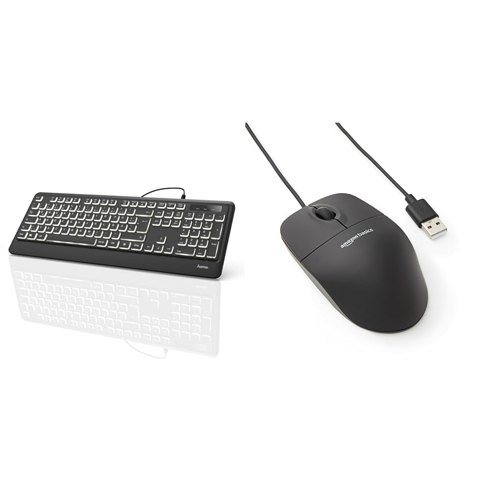 Hama USB Tastatur beleuchtet mit Kabel KC-550 & Amazon Basics - Optische Maus mit 3 Tasten und USB-Anschluss für Windows und Mac OS X, 1 Stück, Schwarz