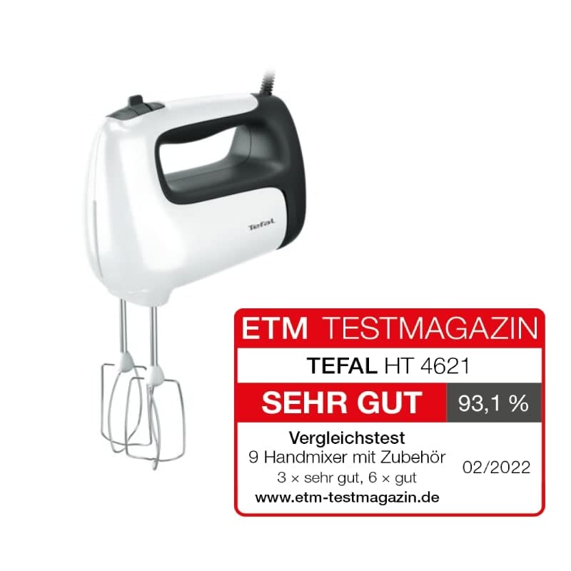 Tefal HT462138 Prep'Mix + Handmixer | Ideal für leichte und zähe Zubereitungen | Leistungsstarker 500-W-Motor | 5 Geschwindigkeiten | Turbo-Funktion | Pürierstab-Aufsatz aus Edelstahl | weiß/grau