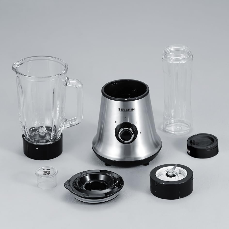 SEVERIN Multimixer, 2-in-1 Stand Mixer und Smoothie Maker mit 1 l Glas-Mixbehälter und Trinkbecher, Küchenmixer mit 2 Stufen und Pulse-Funktion, 500 W, Edelstahl/Schwarz, SM 3737