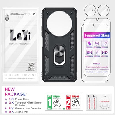 LeYi Hülle für Xiaomi Redmi A3 4G Handyhülle [2 Schutzglas Displayschutz & 2 Kamera Folie] Militär Stoßfest Case Metall Ring Halter Cover Outdoor Hardcase Outdoor Redmi A 3 4 G Schutzhülle Schwarz