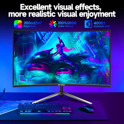 CRUA Gaming Monitor Curved Monitor - 27 Zoll FHD Curved Computer Monitor, Krümmung 1800R, VA-Panel, 180Hz,VGA Gaming Monitor, Augenpflege, Neigungsverstellung, HDMI, Schwarz