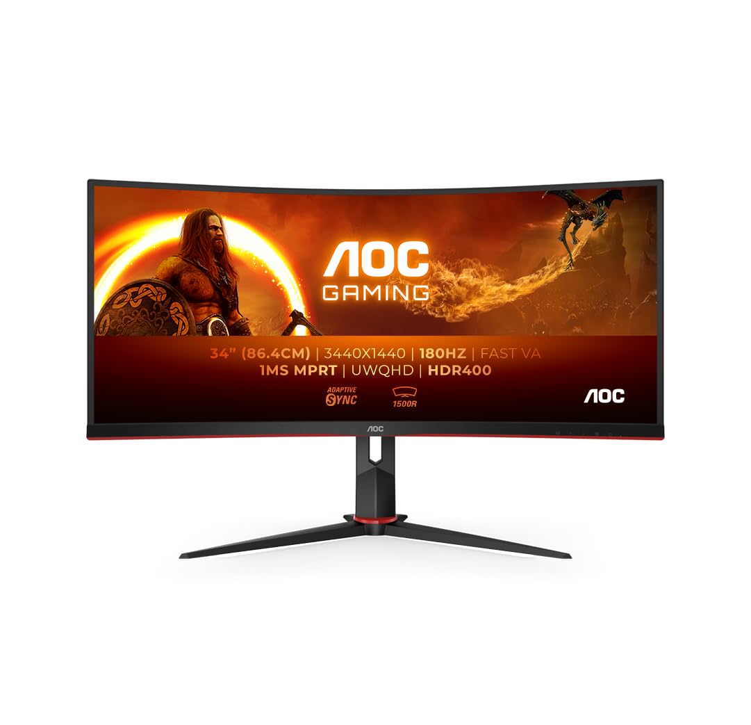 AOC Gaming CU34G2XP - 34 Zoll WQHD Curved Monitor, 180 Hz, FreeSync Prem., HDR400 (3440x1440, 1ms GtG, HDMI, DisplayPort, USB Hub) schwarz-rot