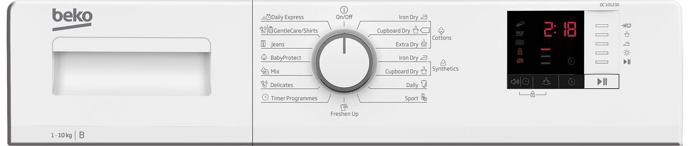 Beko DC 101230 Kondenstrockner, 10 kg, schonende Trommelbewegung, 15 Programme, Multifunktionsdisplay, Sensortrocknung, Knitterschutz, Restzeitanzeige, Kindersicherung, Weiß