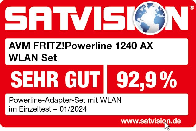 AVM FRITZ!Powerline 1240 AX WLAN Set (Gigabit-Powerline mit Wi-Fi 6, WLAN-Access Point, ideal für Media-Streaming, HD-Videos, Internet-TV, 1.200 MBit/s, deutschsprachige Version)