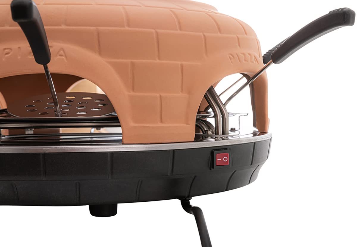 Heidenfeld Pizzaofen Pizzachef | Platz für 6 Personen - Elektrischer Pizza Ofen - 1100 Watt - Raclette Backofen mit Tonhaube - Pizzamaker inkl. Pizzaschaufeln - Stahlplatte mit Haltegriff (Terracotta)