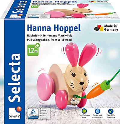 Selecta 62023 Hanna Hoppel, Nachzieh Hase, Schiebe-und Nachziehspielzeug aus Holz, 13 cm