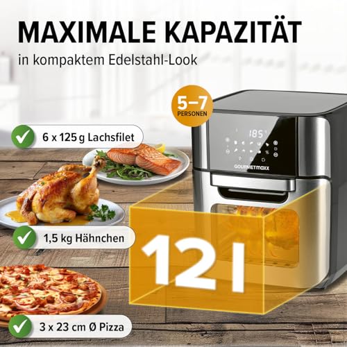 GOURMETmaxx Digitale Heißluftfritteuse 12 L, XXL-Edelstahl-Ofen | Airfryer + Timer, Touchdisplay, Drehspieß | fettarm, energiesparend frittieren | 10 Programme inkl. Pizza | 1800 W