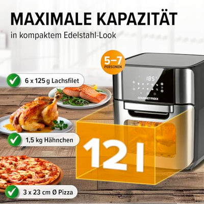 GOURMETmaxx Digitale Heißluftfritteuse 12 L, XXL-Edelstahl-Ofen | Airfryer + Timer, Touchdisplay, Drehspieß | fettarm, energiesparend frittieren | 10 Programme inkl. Pizza | 1800 W