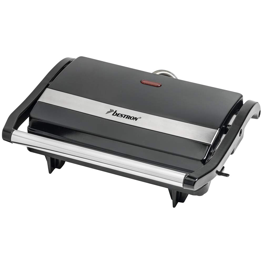 Bestron elektrischer Kontaktgrill mit Auffangschale, Sandwichmaker mit Cool-Touch-Handgriff, Paninimaker mit Antihaftbeschichtung, 700 Watt, APM123Z, Farbe: Schwarz, 22,5 x 14 cm