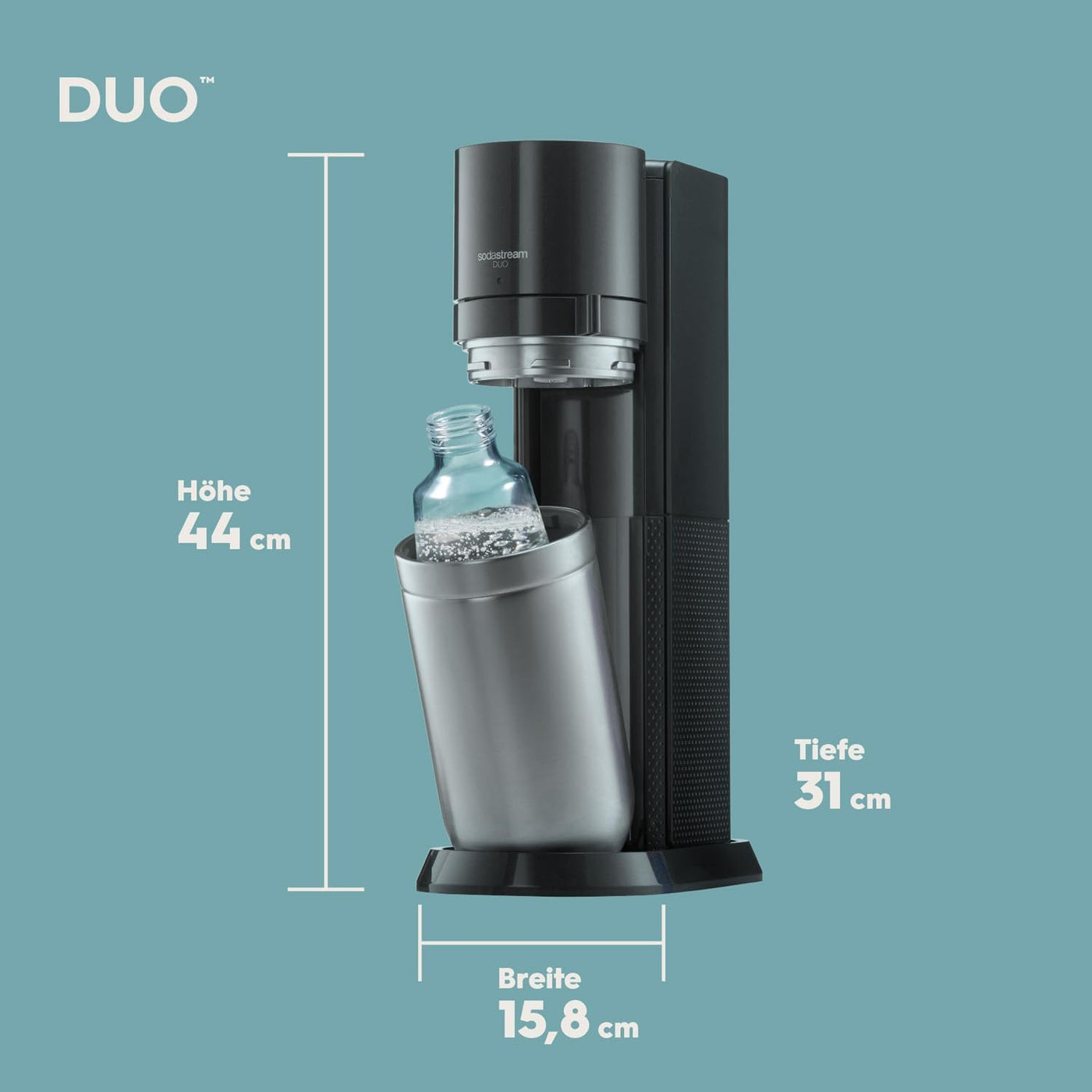 SodaStream Wassersprudler DUO mit CO2-Zylinder, 2x 1L Glasflasche und 2x 1L spülmaschinenfeste Kunststoff-Flasche, Höhe: 44cm, Farbe: Titan, 29x25.6x44.4