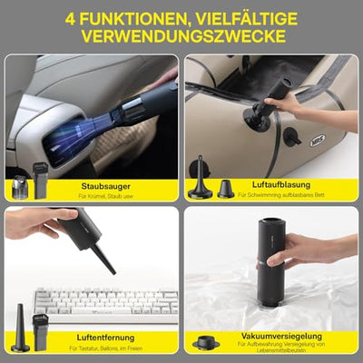 HOTO 15000PA Handstaubsauger Akku, 4 in 1 Autostaubsauger, USB-C Aufladbar, Mini Staubsauger Auto mit Waschbar HEPA-Filter, Reiniger Gerät für Auto/Haus/Büro/Tierhaare/Kajak Aufblasen