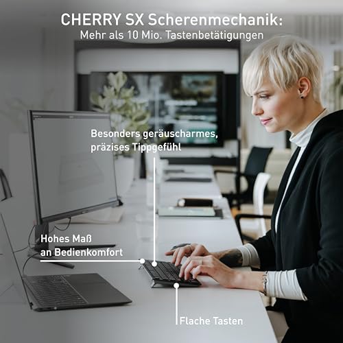 CHERRY KW 9200 MINI, Kompakte Multi-Device-Tastatur für bis zu 4 Geräte, Deutsches Layout (QWERTZ), Bluetooth, 2,4 GHz oder Kabel, Wiederaufladbar, Schwarz