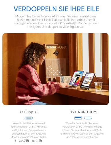Moniteur portable ARZOPA, moniteur portable 15,6" 1920 × 1080 FHD IPS pour ordinateur portable avec support, deuxième écran ultra-mince pour ordinateur portable/PC/Mac/PS3/4/5/Xbox - Port USB C et HDMI - A1