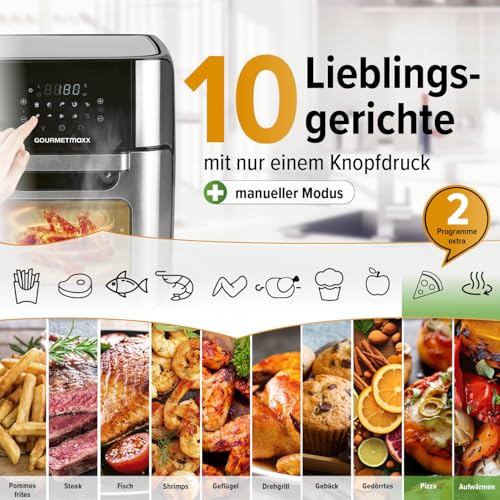 GOURMETmaxx Digitale Heißluftfritteuse 12 L, XXL-Edelstahl-Ofen | Airfryer + Timer, Touchdisplay, Drehspieß | fettarm, energiesparend frittieren | 10 Programme inkl. Pizza | 1800 W