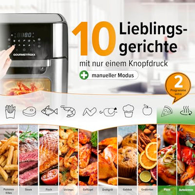 GOURMETmaxx Digitale Heißluftfritteuse 12 L, XXL-Edelstahl-Ofen | Airfryer + Timer, Touchdisplay, Drehspieß | fettarm, energiesparend frittieren | 10 Programme inkl. Pizza | 1800 W