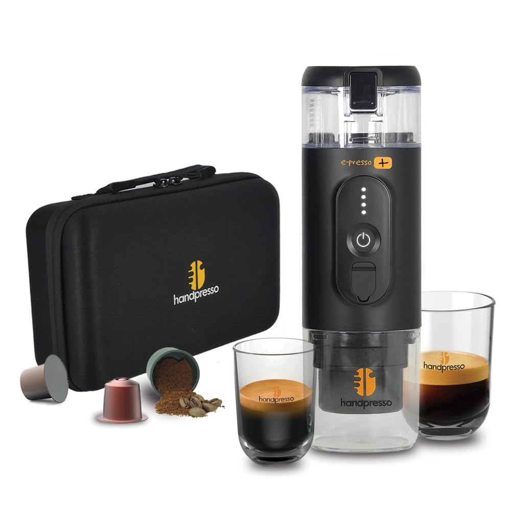 Handpresso - Kaffeemaschine Akku E-PRESSO+ mit Koffer | Mini Espressomaschine(aufladbar USB/abnehmbar Akku) für Espressokapseln oder gemahlenen Kaffee | großer 90ml Tank (max. 110ml) 3x2,9 mA Akku