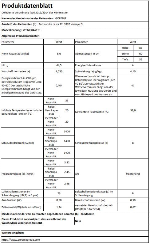 Gorenje WNEI 86 APS Waschmaschine mit Dampffunktion / 8 kg / 1600 U/min /16 Programme/Inverter Motor/Edelstahltrommel/AquaStop/Kindersicherung/SterilTub/Weiß