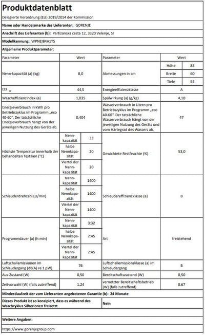 Gorenje WNEI 86 APS Waschmaschine mit Dampffunktion / 8 kg / 1600 U/min /16 Programme/Inverter Motor/Edelstahltrommel/AquaStop/Kindersicherung/SterilTub/Weiß