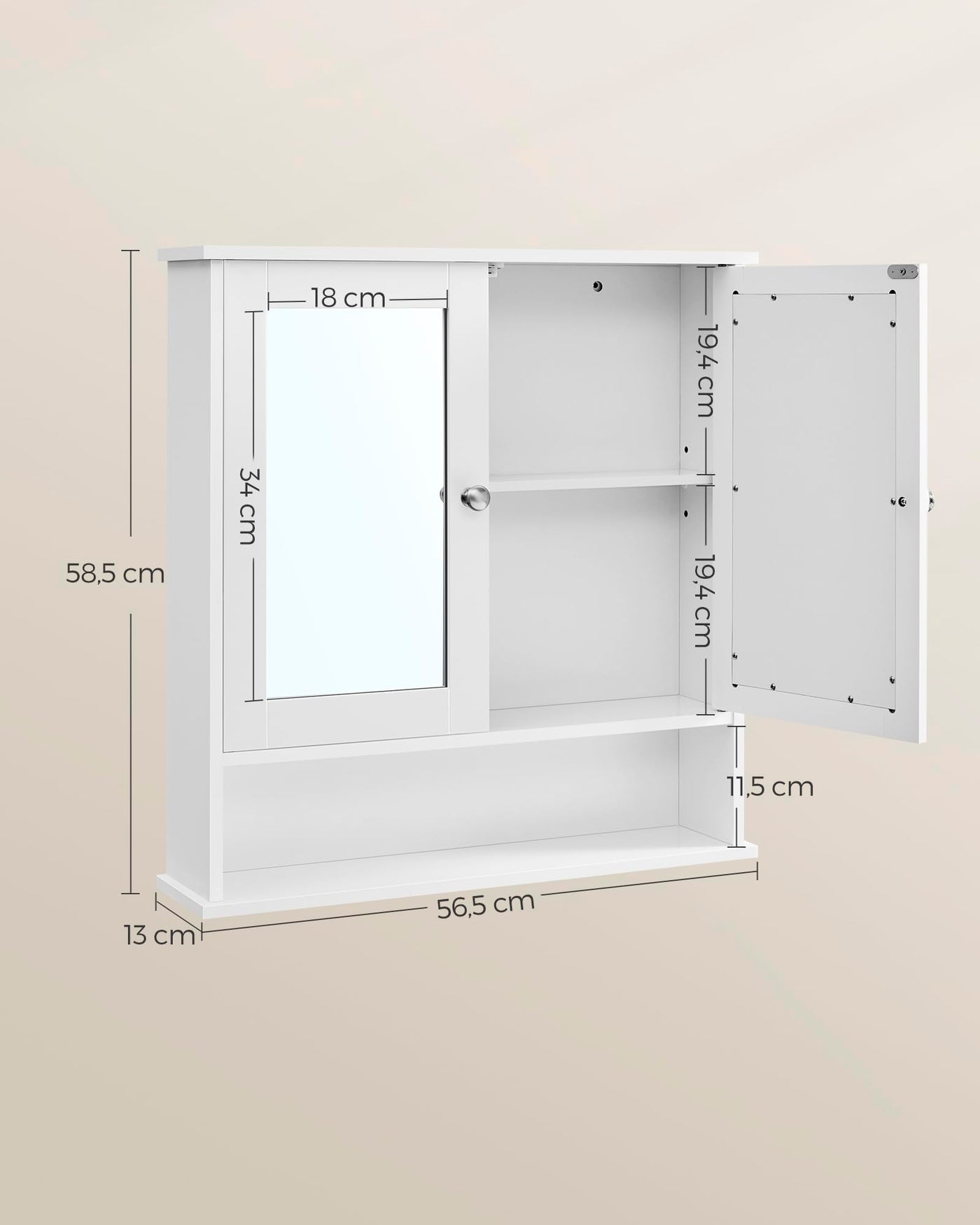 VASAGLE Spiegelschrank, Badschrank, Wandschrank, Hängeschrank mit 2 Spiegeltüren und offenem Fach, verstellbare Ablage, Wandmontage, 13 x 56,5 x 58,5 cm, Weiß LHC002