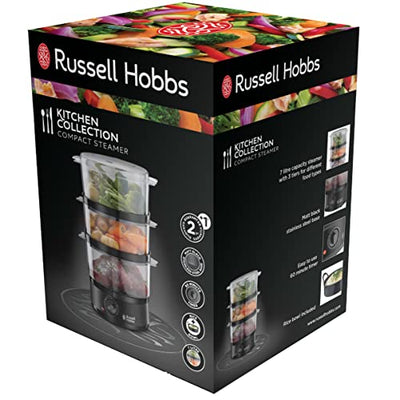 Russell Hobbs Dampfgarer [klein] 7,0l (60 Minuten Timer + Abschaltautomatik, 3 spülmaschinengeeignete Dampfgarbehälter + Reisschale / Reiskocher, BPA frei) Dampfkocher Compact 26530-56