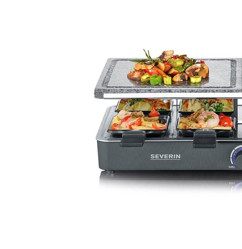 SEVERIN Raclette-Grill mit Naturgrillstein und Grillplatte, Raclette mit antihaftbeschichteter Grillplatte und 8 Pfännchen, Tischgrill für 8 Personen, max. 1300 W, schwarz, RG 2371