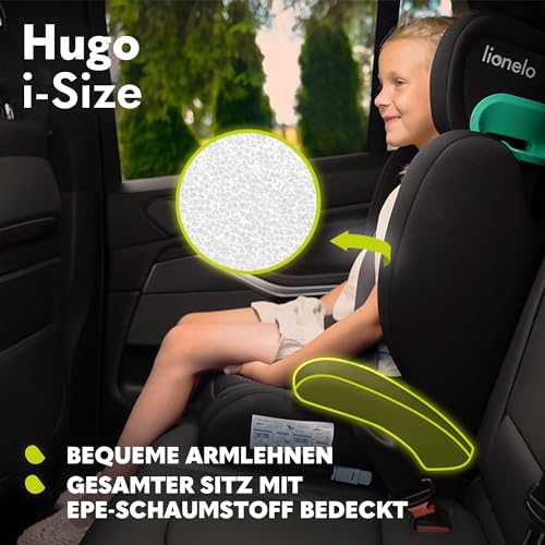 LIONELO HUGO I-SIZE Kinderautositz, Gruppe 2 3, von 100–150 cm, ISOFIX-Installation, verstellbare Kopfstütze, Memory-Schaum, Seitenschutz, bequeme Armlehnen