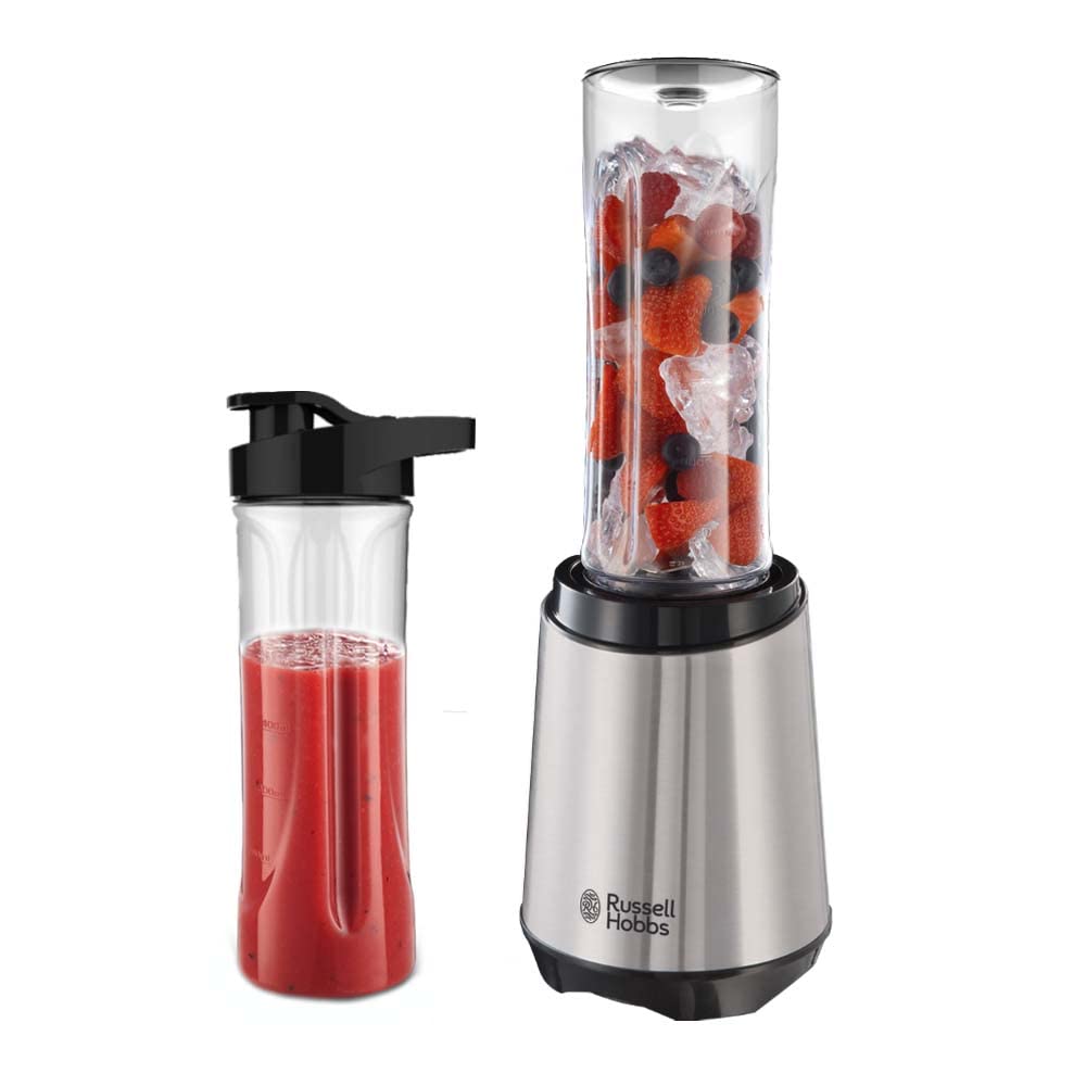 Russell Hobbs Mixer - Standmixer & Smoothie Maker to go [23.500 U/min Power-Motor] inkl. 2x Mixbehälter 600ml (BPA-frei, spülmaschinen- & bruchfest inkl. Deckel) Zerkleinerer, Edelstahl, 23470-56