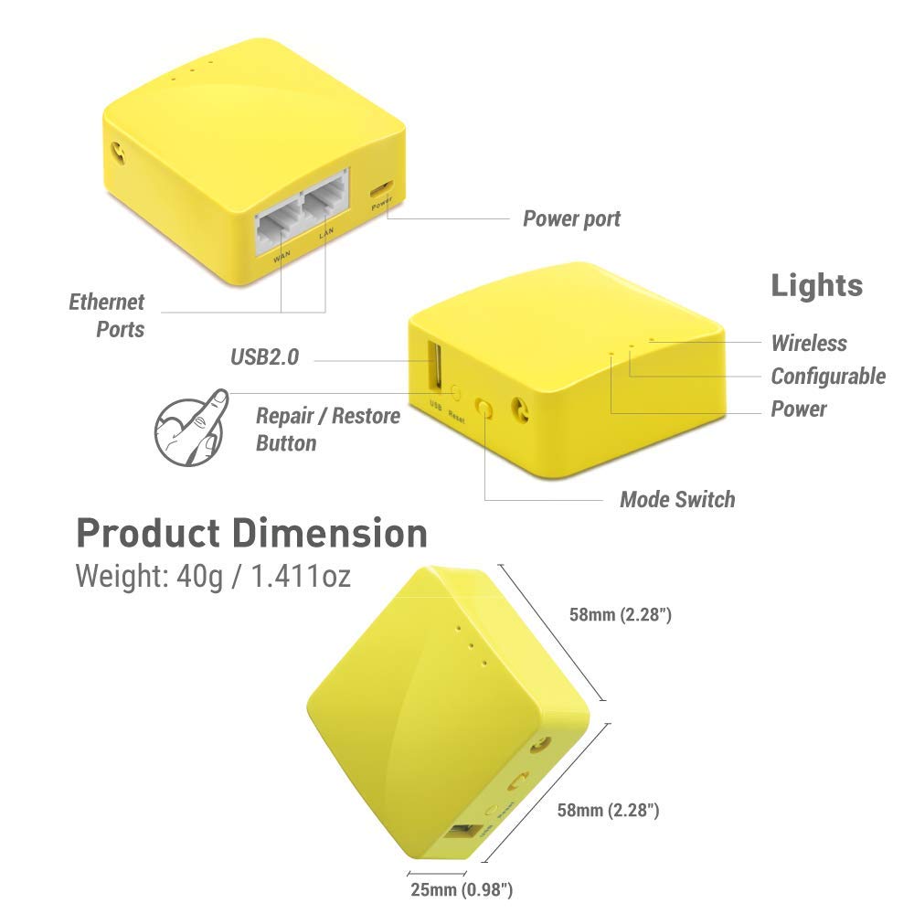 GL.iNet GL-MT300N-V2 (Mango) Tragbarer Mini-Reise-Wireless-Pocket-VPN-WLAN-Router – Access Point/Extender/WDS | OpenWrt | 2 x Ethernet-Ports | OpenVPN/Wireguard VPN | USB 2.0 | 128 MB RAM