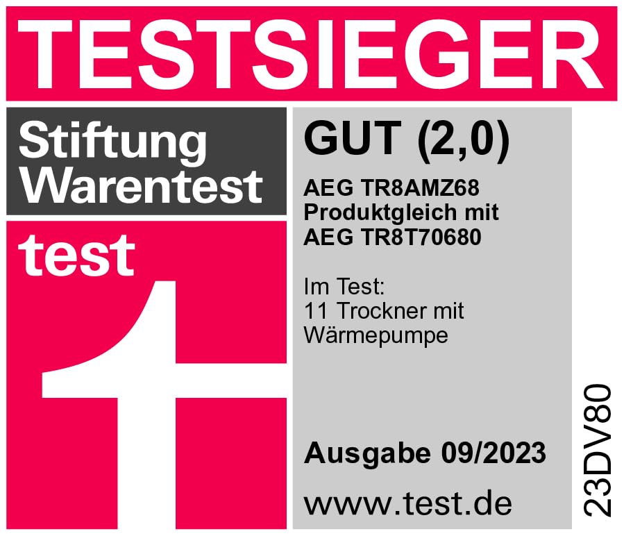 AEG Wärmepumpentrockner 8 kg – Serie 8000 AbsoluteCare Wolle- und Seidetrocknung – Testsieger der Stiftung Warentest – A+++ – Energiesparend – Trommelbeleuchtung – Knitterschutz – TR8AMZ68