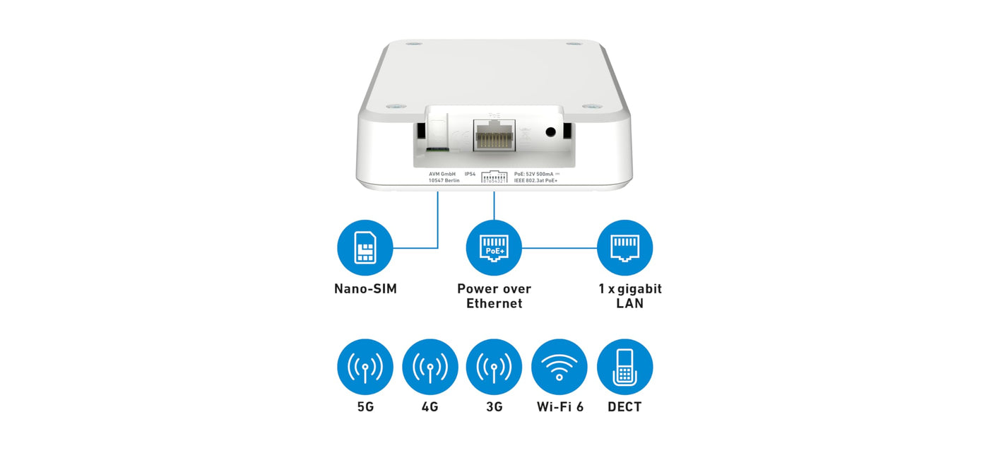 AVM FRITZ!Box 6860 5G (Mobilfunk-Router mit bis zu 1.300 MBit/s in 5G/LTE, Wi-Fi 6 mit bis zu 3.000 MBit/s, Power over Ethernet (PoE+), staub- und spritzwassergeschütztes Gehäuse, DECT-Basis)