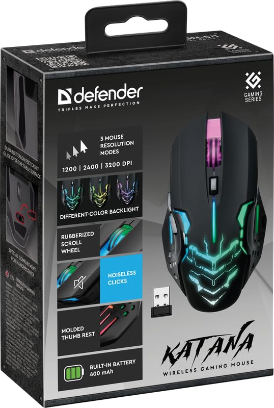 Defender® Katana Kabellose Gaming Maus - Geräuschlose Klicks - 5 programmierbare Tasten - RGB-Beleuchtung(On/Off) - bis zu 240 hrs Akkulaufzeit - Wireless Gamer Maus für PC, Mac, Laptop