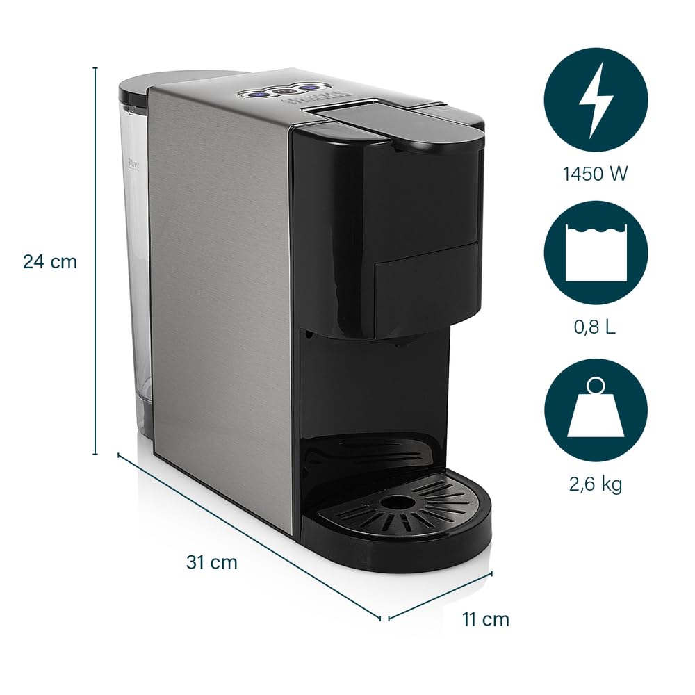 Princess Multikapsel-Kaffeemaschine 4-in-1 – 1450 Watt, Kapsel, Pads, Gemahlenen Kaffee, BPA-Frei, 249450, 01.249450.01.001, Schwarz, Silber