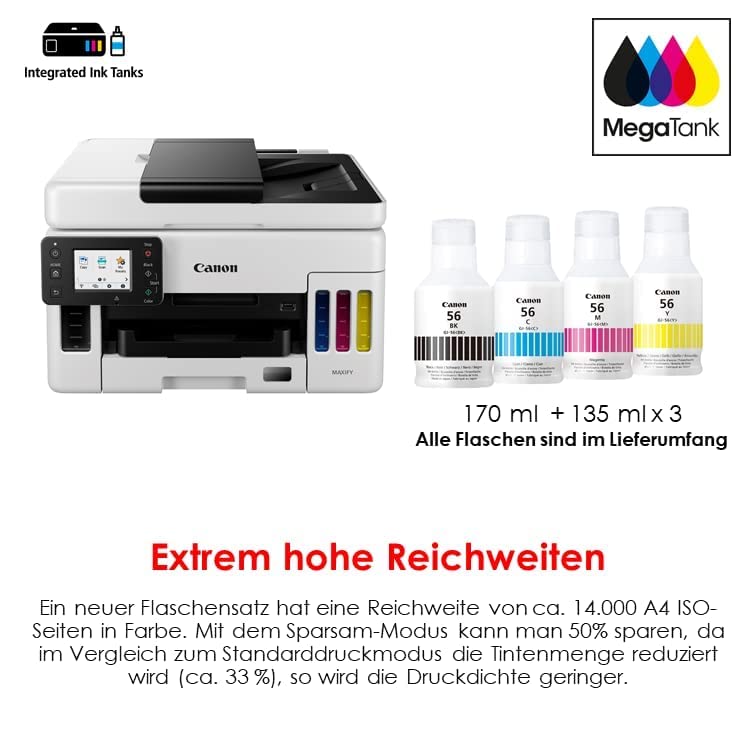 Canon MAXIFY GX6050 MegaTank Multifunktionsdrucker 3in1 (Tintenstrahl, Kopieren, Scannen, 50 Blatt ADF, A4, WLAN, LAN, 6,9 cm LCD Touch, Duplex-Druck, niedrige Druckkosten, 350 Blatt) weiß