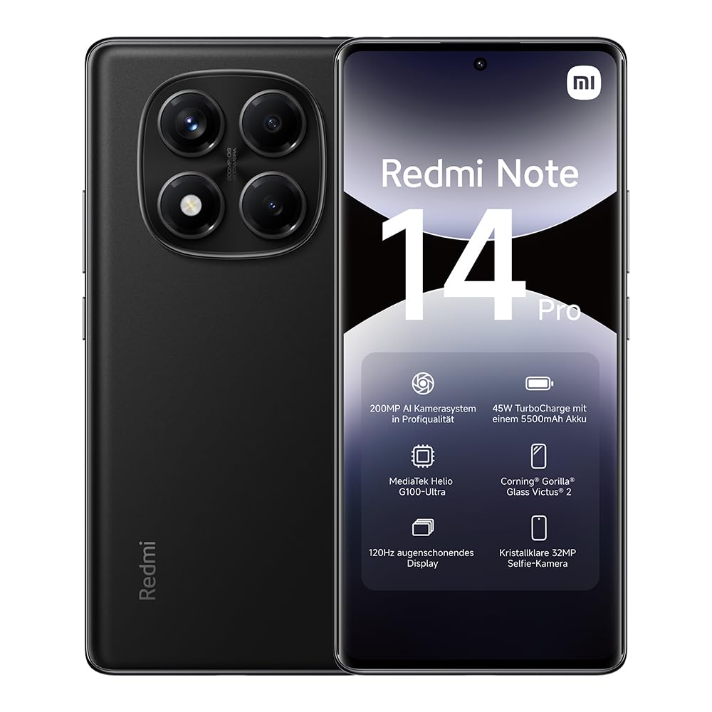 Xiaomi Redmi Note 14 Pro Smartphone, 8 + 256GB, Black, 200MP professionelle AI-Kamera, 5500mAh Akku, 32MP Selfie-Kamera, AI-Funktionen (kein Ladegerät enthalten)