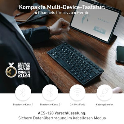 CHERRY KW 9200 MINI, Kompakte Multi-Device-Tastatur für bis zu 4 Geräte, Deutsches Layout (QWERTZ), Bluetooth, 2,4 GHz oder Kabel, Wiederaufladbar, Schwarz