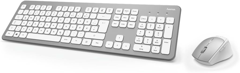 Hama Funk-Tastatur Maus Set (QWERTZ Tastenlayout, kabellose ergonomische Maus, 2,4GHz, USB-Empfänger) Windows Keyboard Funkmaus-Tastatur-Set, weiß silber