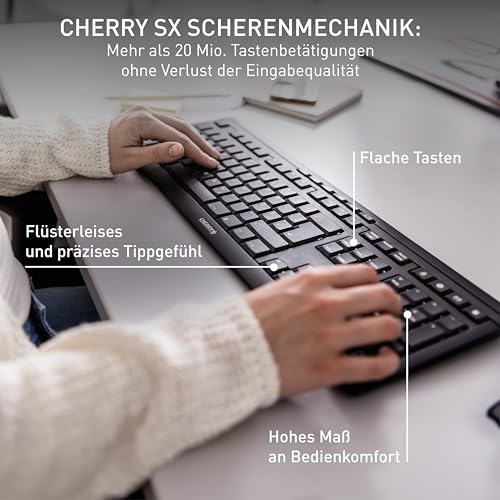 CHERRY STREAM KEYBOARD WIRELESS, Kabellose Tastatur, Deutsches Layout (QWERTZ), 2,4 GHz Funk, Leise Tasten, Flaches Design, Batteriebetrieben, Schwarz