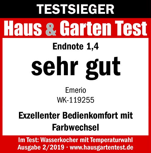 Emerio WK-119255 TESTSIEGER Haus & Garten Test 02/2019, Glas Wasserkocher mit Temperaturwahl (60°C/70°C/80°C/90°C/100°C), BPA-frei, Trockengehschutz, Auto-Off, 2200 Watt, Edelstahl, 1.7 liters